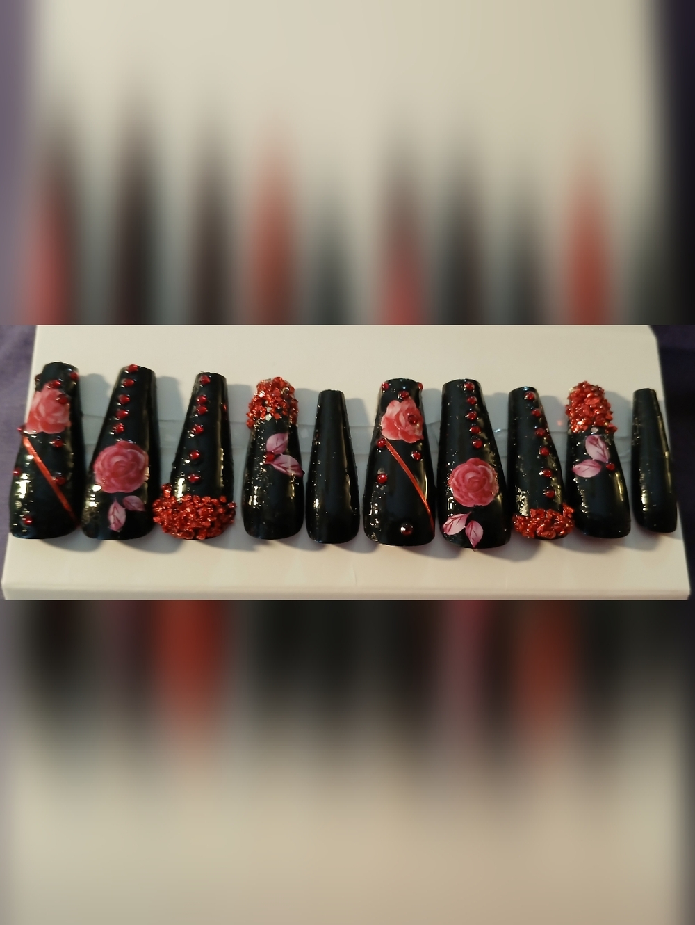 NWT Handcrafted Black & Pink Floral Press-On Nail Set w/Red Rhinestone Accents.